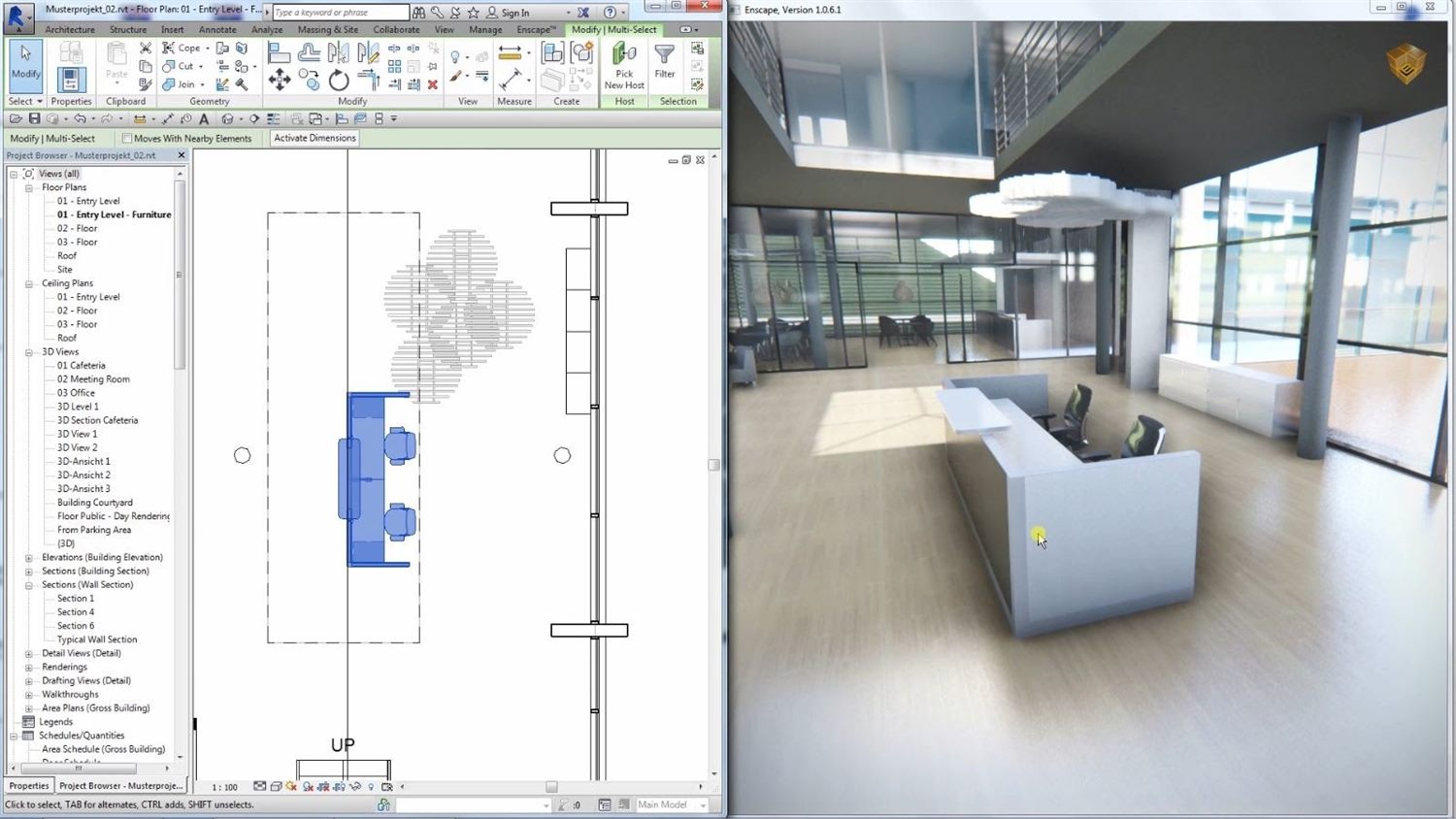 Revit à esquerda com planta baixa aberta e a janela do Enscape à direita mostrando o render em tempo real do mesmo ambiente