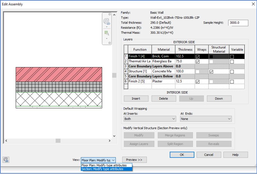 Caixa Edit Assembly do Revit com as camadas de uma parede: tijolo, isolante, estrutura de concreto e reboco, cada uma com material e espessura