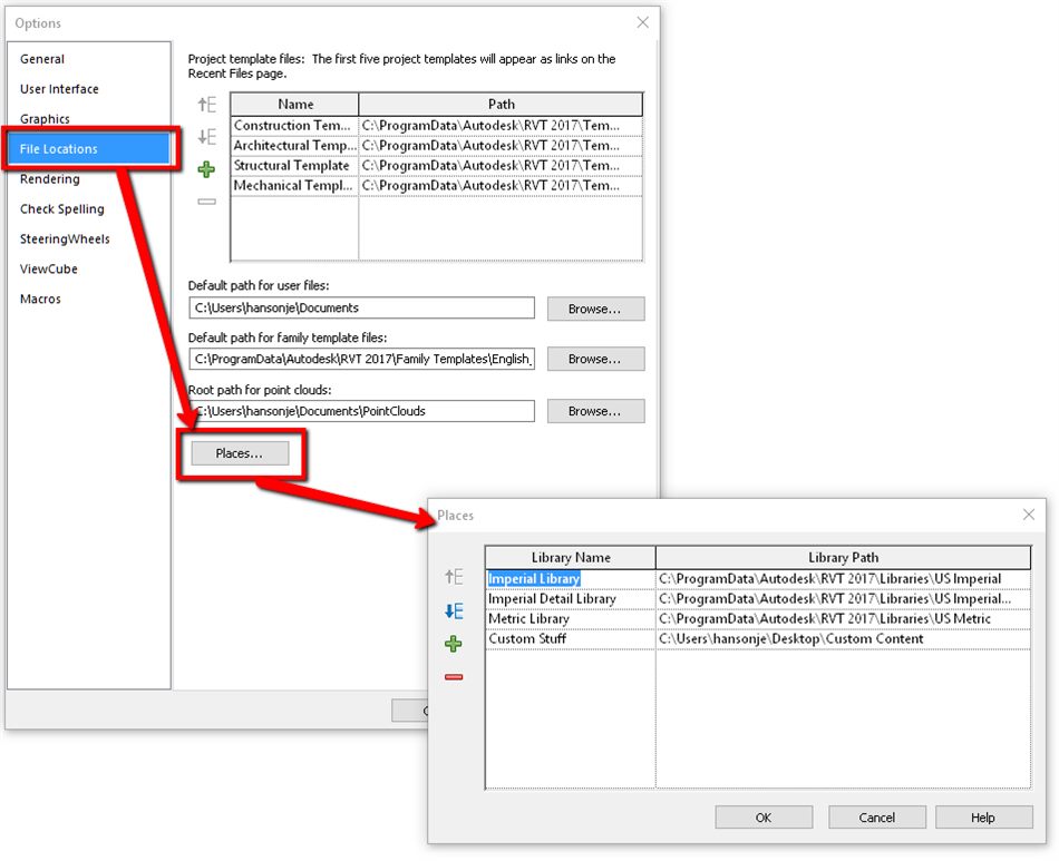 Caixa Options do Revit na aba File Locations, com a lista de templates de projeto e seus caminhos, e a caixa Places aberta