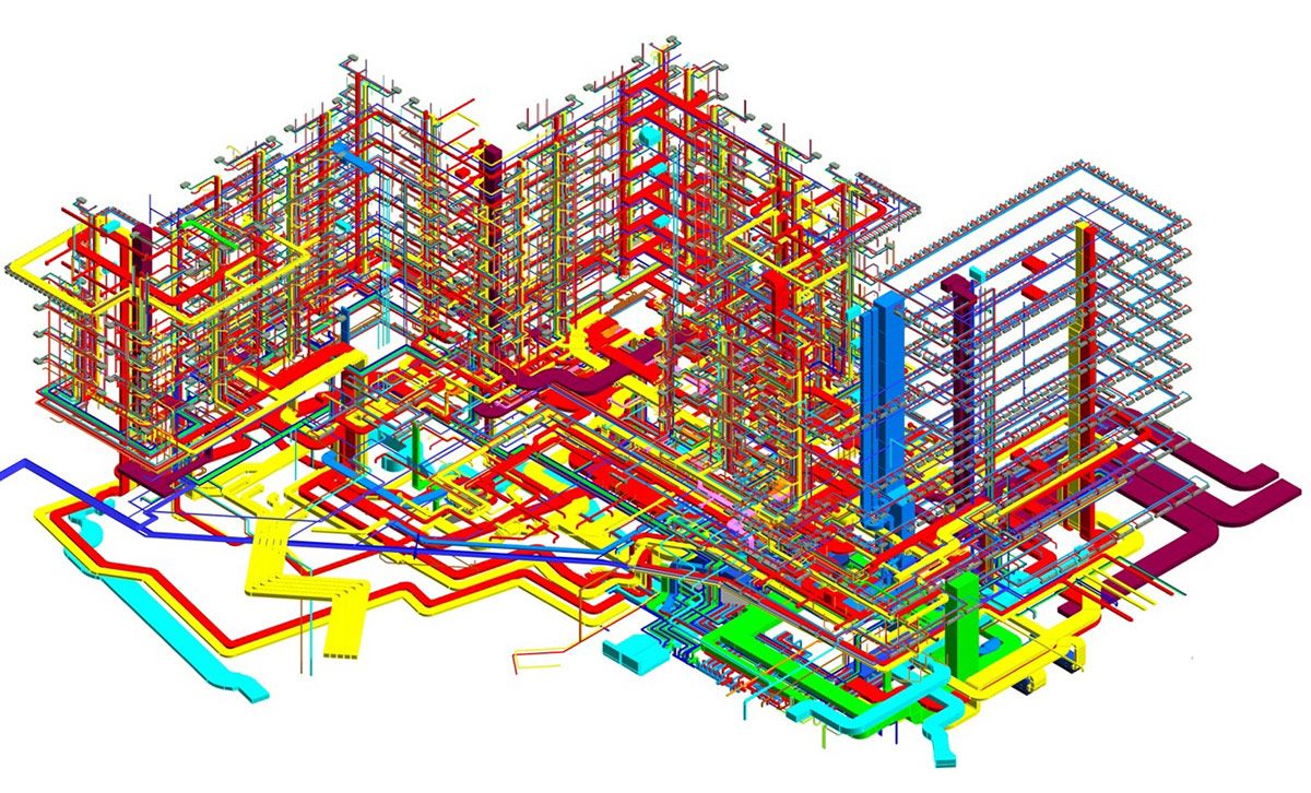 Modelo 3D de instalações prediais no Revit — dutos de ar, tubulações e eletrocalhas de um edifício inteiro, cada sistema em uma cor