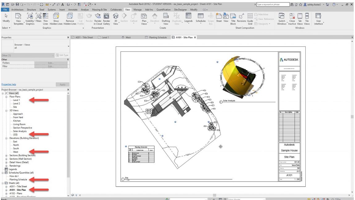 Revit com a prancha A101 aberta contendo planta, vista 3D e tabela dentro do selo, e o Navegador de Projeto expandido mostrando plantas, elevações, cortes, tabelas e folhas