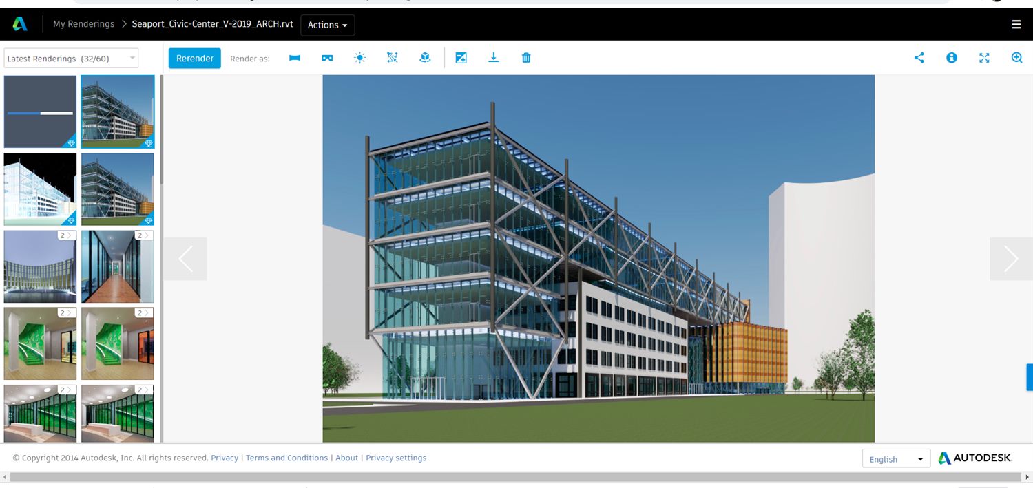 Galeria de renderização na nuvem da Autodesk com miniaturas de imagens processadas e o botão Rerender