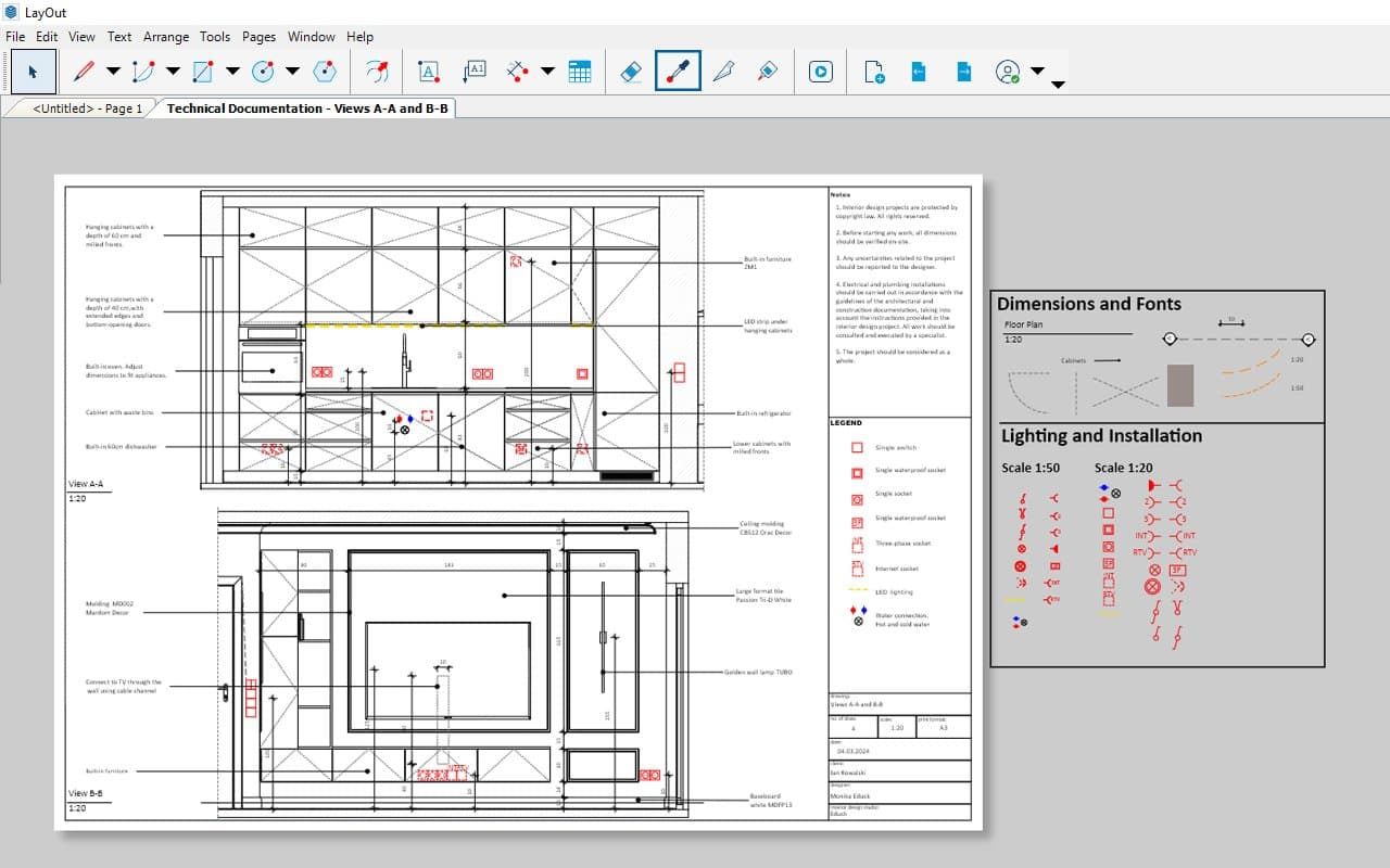 Prancha técnica montada no LayOut do SketchUp, com duas elevações de um ambiente, cotas, legenda de símbolos e carimbo