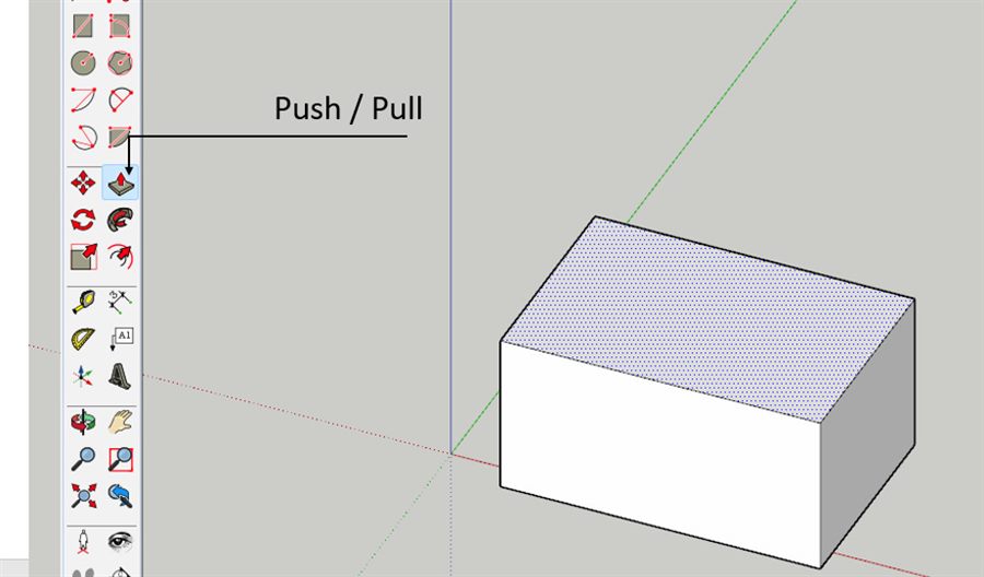 Interface do SketchUp com a ferramenta Push/Pull destacada na barra e uma forma 3D simples de casa sendo modelada a partir de um retângulo