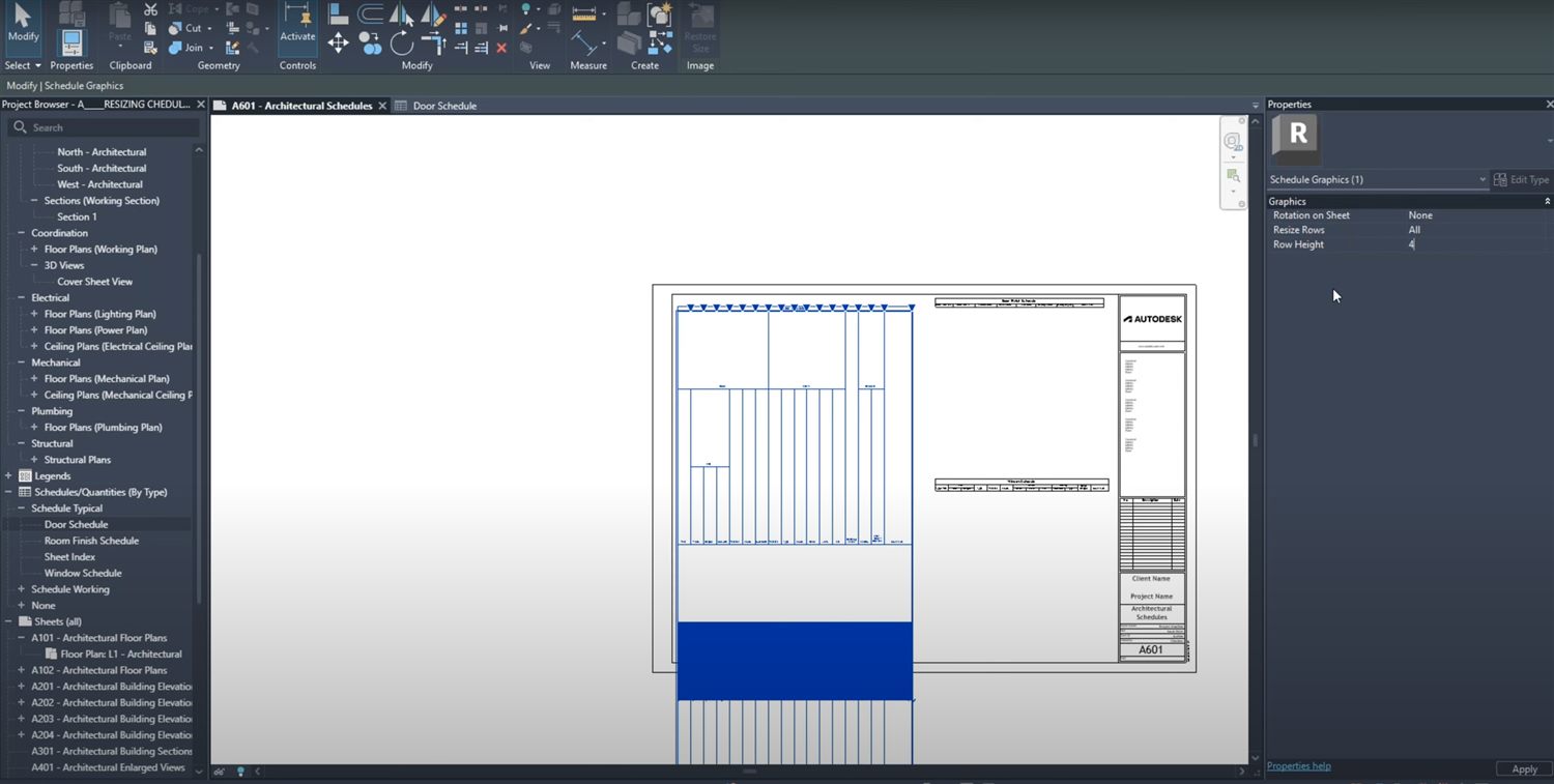 Revit com o Navegador de Projeto mostrando disciplinas (Coordination, Electrical, Mechanical, Plumbing, Structural) e tabelas (Door, Window, Room Finish), e uma prancha A601 de tabelas na área de desenho