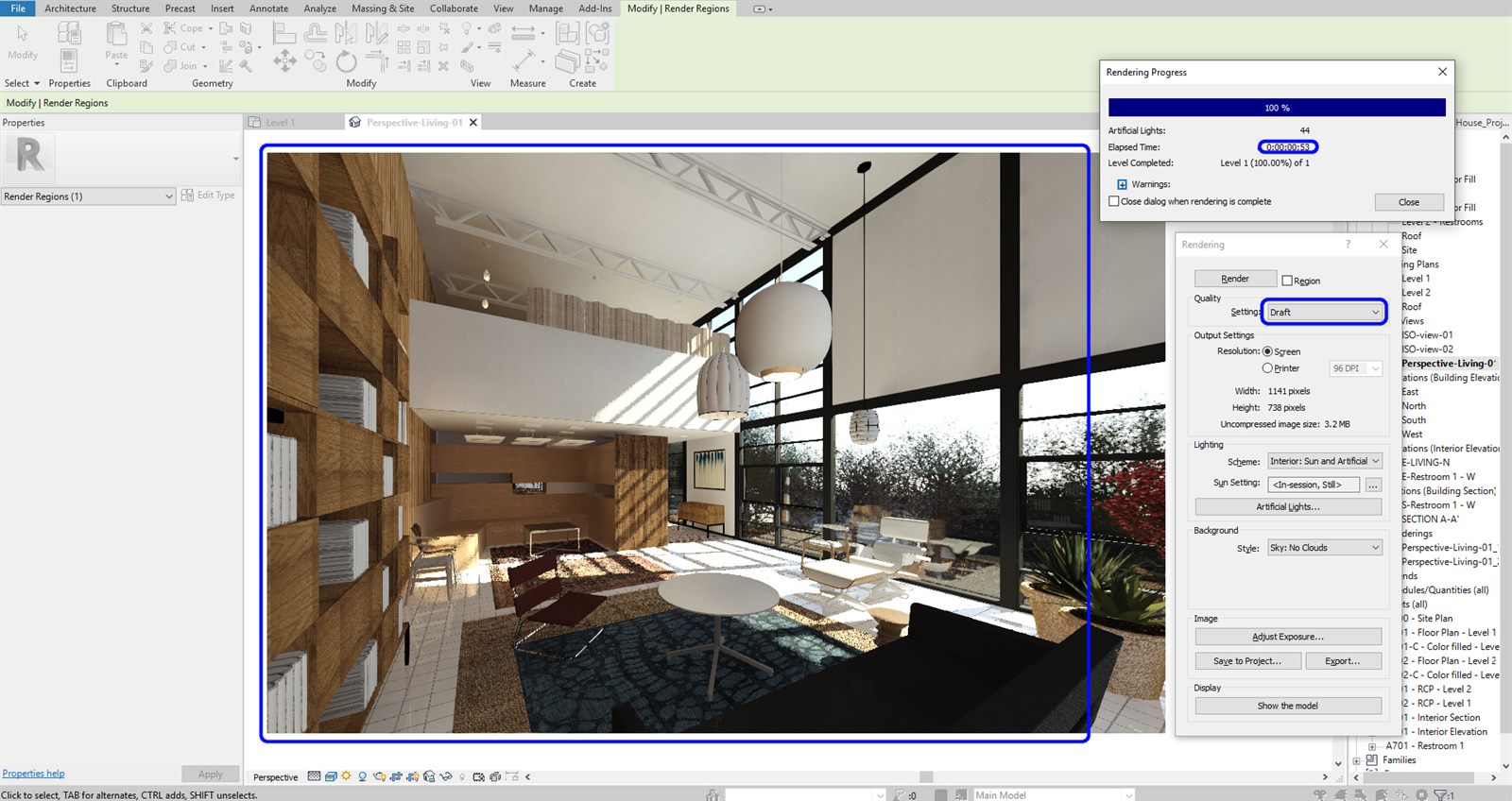 Janela de renderização do Revit aberta, com Quality em Draft, Output Settings mostrando resolução em Screen e 96 DPI, largura de 1141 pixels e o painel Rendering Progress indicando tempo decorrido de 53 segundos