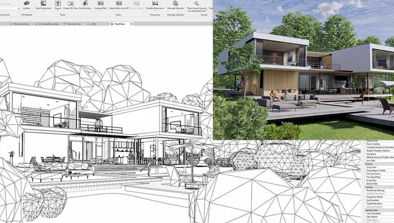 Tela dividida mostrando o Revit de um lado e o Enscape do outro, com a tecnologia Live Sync atualizando o render em tempo real.